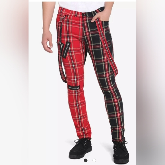 HT Denim Red & Black Double Plaid Suspender Stinger Jeans - Picture 1 of 7